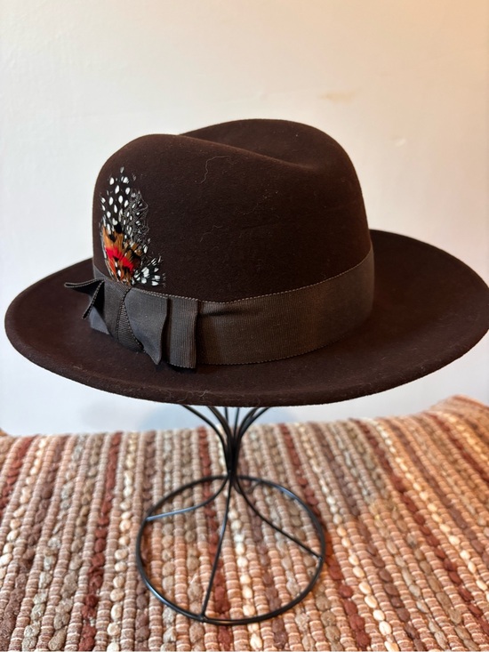 Vintage Adolfo II New York Paris Brown Wool Fedora Feather Trim Bloomingdale’s